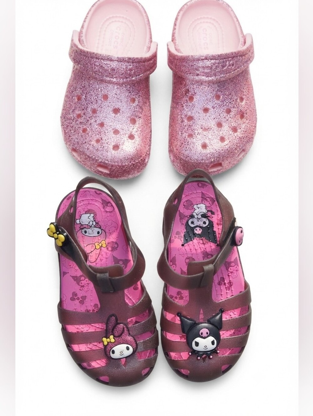 Sanrio My Melody & Kuromi Jelly Sandals + Pink Glitter Clogs Crocs Bundle Size 8